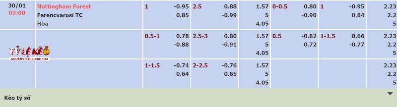Tỷ lệ kèo trận Nottingham Forest vs Ferencvaros